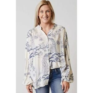 Free People Metallic Blooms Ivory Button Down‎ Flowy Top